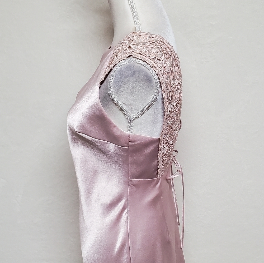 VINTAGE 90s 1001 Nights Blush Pink Satin Crochet Panel Lace-up Back Maxi Dress 6 - Picture 9 of 16